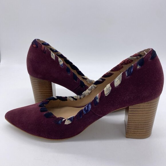 Anthropologie Pointed Toe Pumps 8M Whipstitch Braided Wood Block Heel Suede Wine - Picture 11 of 14